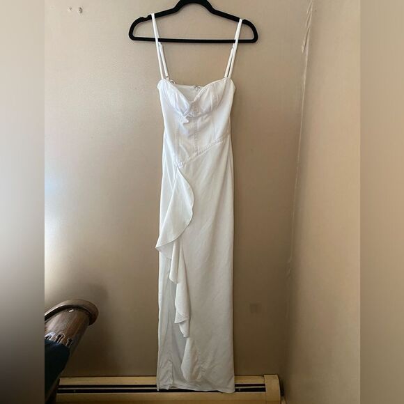 Katie May Eros Gown Revolve Ivory white maxi dress ruffle high slit XS - Picture 8 of 11